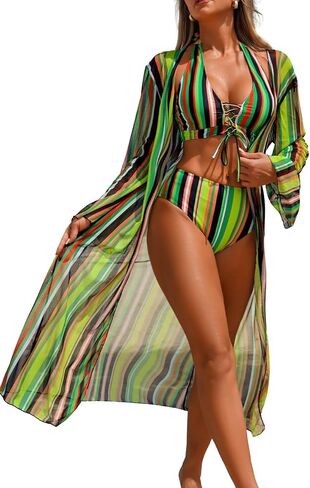 ChiaoLezhee Womens 3 Piece Swimsuit Set, Multi Striped Halter Lace-Up High Waisted Bathing Suit with Matching Cover Up in Kuwait