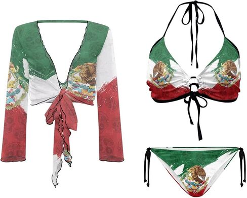 Womens 3 Pieces Bikini Set Flag Print String Swimsuit+ Beach Cover up Sets Sexy Sheer Swimwear Top in Saudi Arabia