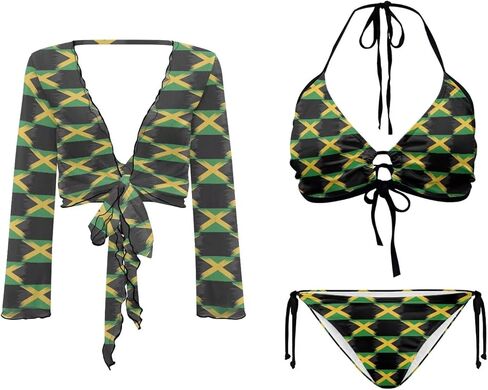 Womens 3 Pieces Bikini Set Flag Print String Swimsuit+ Beach Cover up Sets Sexy Sheer Swimwear Top in Saudi Arabia