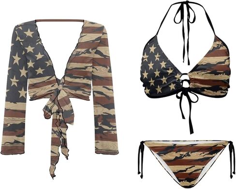 Womens 3 Pieces Bikini Set Flag Print String Swimsuit+ Beach Cover up Sets Sexy Sheer Swimwear Top in Saudi Arabia