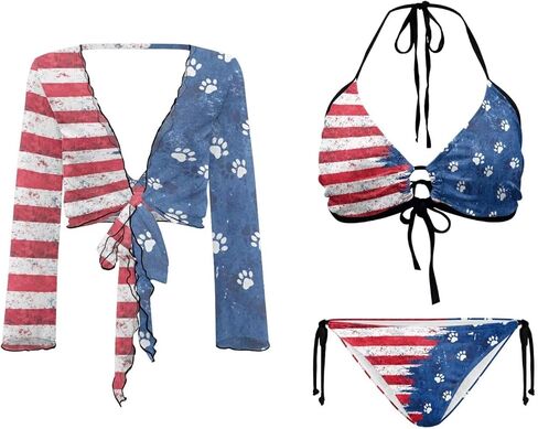 Womens 3 Pieces Bikini Set Flag Print String Swimsuit+ Beach Cover up Sets Sexy Sheer Swimwear Top in Saudi Arabia