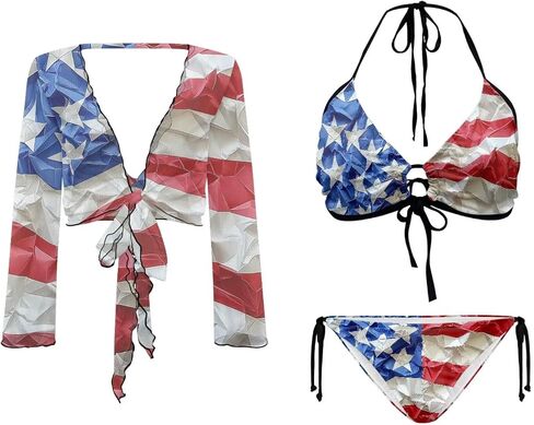 Womens 3 Pieces Bikini Set Flag Print String Swimsuit+ Beach Cover up Sets Sexy Sheer Swimwear Top in Saudi Arabia