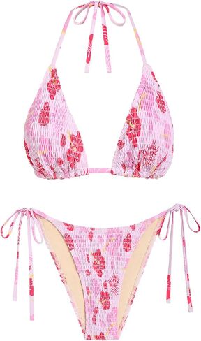 Bikini Sets for Women Retro Smocked Floral Halter Swimsuit Sexy Textured Boho Bathing Suit High Cut Cheeky Swimwear in Kuwait