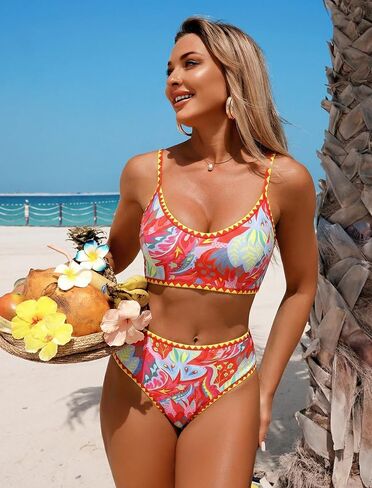 ZEZCLO Women's Two Piece High Waisted Bikini Sets Shell Stitched Color Block Swimsuit Tummy Control Bathing Suit in Saudi Arabia