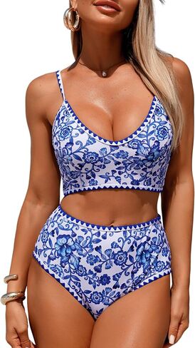 ZEZCLO Women's Two Piece High Waisted Bikini Sets Shell Stitched Color Block Swimsuit Tummy Control Bathing Suit in Saudi Arabia