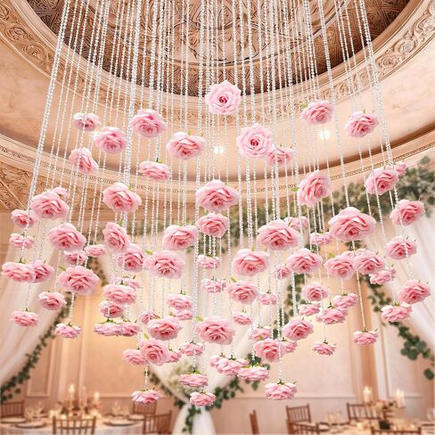 FYSUIMU 24Pcs 31.5 Inch Wedding Pink Artificial Rose Vine Garland Faux Flower Crystal Bead Hanging Garland for Valentine Birthday Wedding Party Decoration DIY Crafts Supplies in Saudi Arabia