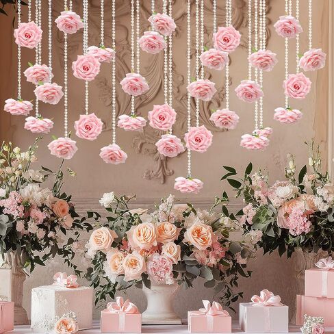 FYSUIMU 24Pcs 31.5 Inch Wedding Pink Artificial Rose Vine Garland Faux Flower Crystal Bead Hanging Garland for Valentine Birthday Wedding Party Decoration DIY Crafts Supplies in Saudi Arabia