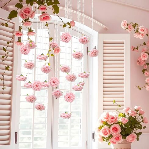 FYSUIMU 24Pcs 31.5 Inch Wedding Pink Artificial Rose Vine Garland Faux Flower Crystal Bead Hanging Garland for Valentine Birthday Wedding Party Decoration DIY Crafts Supplies in Saudi Arabia