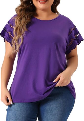 Agnes Orinda Plus Size Women's Tops Round Neck Lace Panel Hollow Short Sleeve Elegant Summer Blouses in Kuwait
