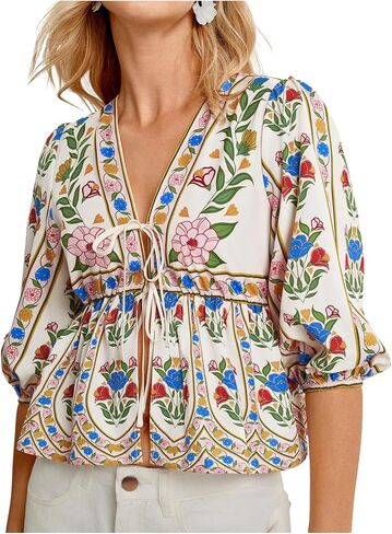 بلوزة نسائية من MakeMeChic بنقشة زهور بوهو ورقبة على شكل حرف V وربطة عنق أمامية وأكمام واسعة من Peplum in Kuwait
