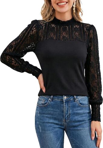 CUPSHE Women's Mock Neck Lace Tops Blouses Dressy Casual Sexy Floral Long Sleeve Mesh Shirts in Kuwait