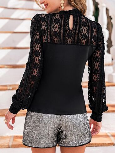 CUPSHE Women's Mock Neck Lace Tops Blouses Dressy Casual Sexy Floral Long Sleeve Mesh Shirts in Kuwait