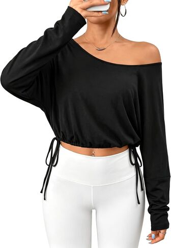 Remidoo Women's Off Shoulder Crop Top Batwing Long Sleeve Drawstring Waist Cropped Shirt in Kuwait
