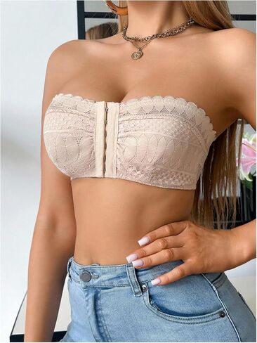 MakeMeChic Women's Strapless Bra Front Closure Lace Bras Wireless Half Bralette Underwear in Kuwait