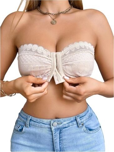 MakeMeChic Women's Strapless Bra Front Closure Lace Bras Wireless Half Bralette Underwear in Kuwait