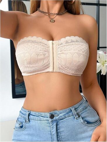 MakeMeChic Women's Strapless Bra Front Closure Lace Bras Wireless Half Bralette Underwear in Kuwait