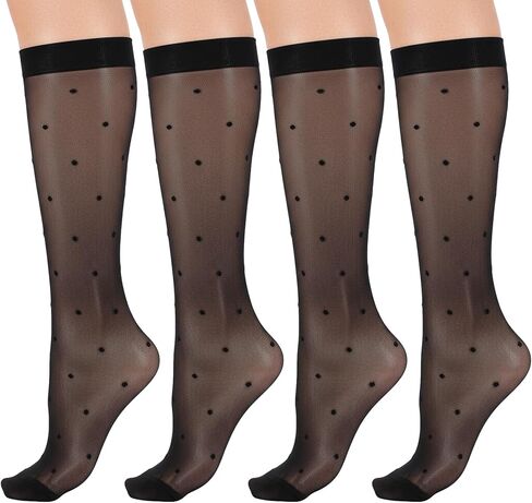 Sibba 4 Pairs Pattern Knee High Stockings for Women Sheer Nylon Stockings with Heart Pattern Elegant & Durable Knee-Highs for Women Fashion Thigh High Stocking Valentine's Day Gift Plus Size Stocking in Kuwait