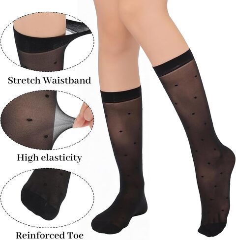 Sibba 4 Pairs Pattern Knee High Stockings for Women Sheer Nylon Stockings with Heart Pattern Elegant & Durable Knee-Highs for Women Fashion Thigh High Stocking Valentine's Day Gift Plus Size Stocking in Kuwait