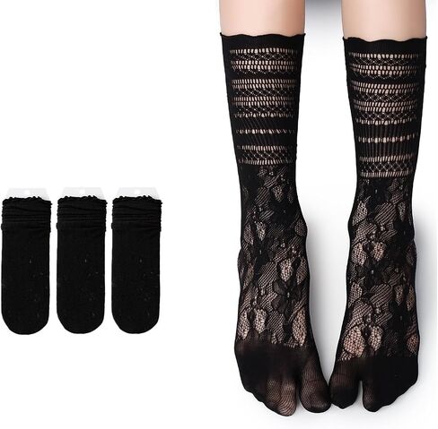 Women Tabi Socks with Lace, Split Toe, Cotton Blend, Low Cut Invisible Liner Socks, 3 Pair in Saudi Arabia