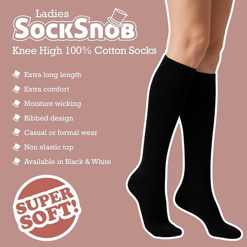 Sock Snob - 6 Pairs 100% Cotton Womens Knee High Breathable Soft Long Socks in Saudi Arabia