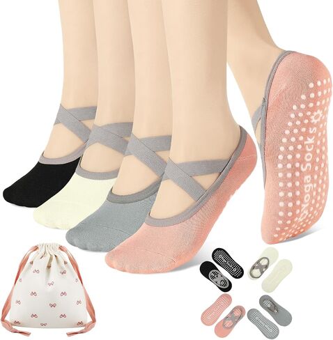 4 Pairs Yoga Socks for Women Non Slip with Straps Pilates Barre Grip Socks with Bow Storage Bag in Saudi Arabia