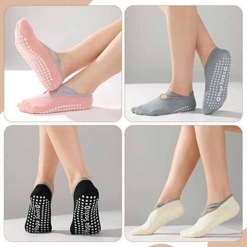 4 Pairs Yoga Socks for Women Non Slip with Straps Pilates Barre Grip Socks with Bow Storage Bag in Saudi Arabia