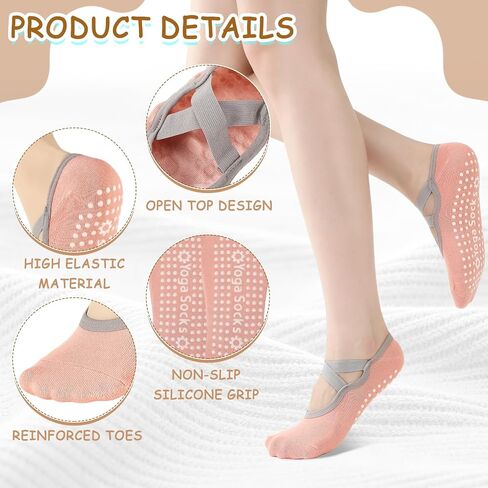 4 Pairs Yoga Socks for Women Non Slip with Straps Pilates Barre Grip Socks with Bow Storage Bag in Saudi Arabia
