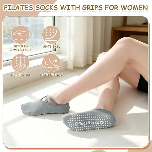 4 Pairs Yoga Socks for Women Non Slip with Straps Pilates Barre Grip Socks with Bow Storage Bag in Saudi Arabia