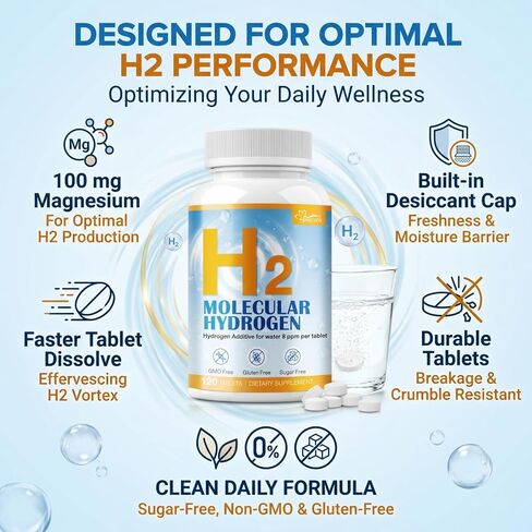 Hydrogen Water Tablets H2 12PPM Hydrogen Tablets for Drinking Water Molecular Hydrogen Talets with Magnesium Energy & Wellness Easy to Dissolve in Saudi Arabia