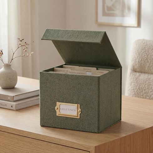 ZICOTO Beautiful Greeting Card Organizer Box With Dividers - Sturdy Linen Storage Box Easily Organizes All Your Greeting Cards in Style - Cute Card Holder Safely Stores Up to 300 Small Or Large Cards in Kuwait