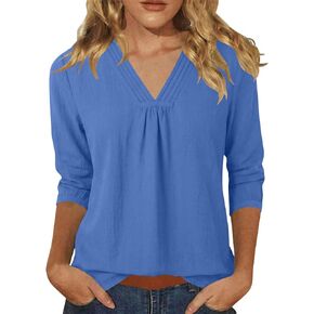 Women Long Sleeve Cotton Gauze Top Cotton Linen Dressy Casual Shirt V Neck Pleated Loose Fit Blouses Summer Outfit in Saudi Arabia