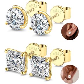 2 Pairs "STUNNING FLAME" 925 Sterling Silver 18K Real Gold Plated Stud Earrings for Women Men 5A Brilliant Princess Cut Round Cubic Zirconia - Hypoallergenic Large CZ Studs Earring Set 8 CTW (2ct*4) in Saudi Arabia