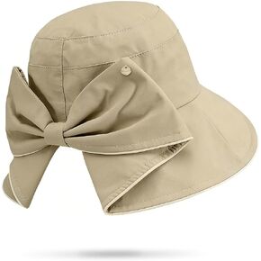 Women's Foldable Wide Brim Bucket Hat -Sun Hat Solid Color, Piping Detail, Bow - Accented Ponytail Opening for Trendy in Saudi Arabia