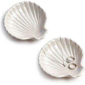 2 Pack Ceramic Shell Jewelry Tray, Iridescent White Jewelry Plate Dish, Decorative Shell Jewelry Dish for Rings, Earrings, Necklaces, Bathroom & Vanity Decor in Saudi Arabia