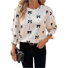 Women's Bow Print Lantern 3/4 Sleeve Blouses Dressy Casual Ruffle Crew Neck Shirts Business Casual Tops in Saudi Arabia