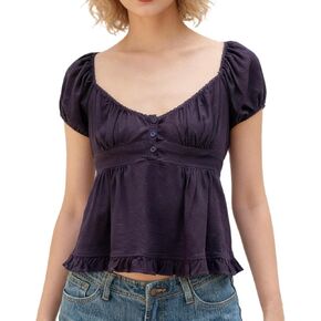 Women Y2k Scoop Neck Crop Top Short Sleeve Lace Trim Button Up Blouse Vintage Casual Ruffle Hem Slim Fit Shirt in Saudi Arabia
