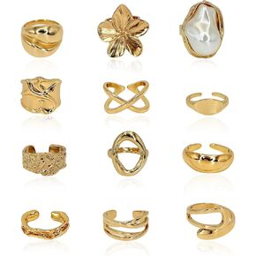 18K Gold Plated Stackable Rings Set for Women, 12Pcs Dainty Flower Pearl Finger Rings Pack, Chunky Minimalist Band Rings — Mixed Sizes, Trendy Statement Jewelry Gift in Saudi Arabia