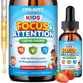 Kids Focus and Attention Supplements with Phosphatidylserine, Omega-3, Magnesium Glycinate & L-Theanine, Brain Vitamins Liquid Drops for Kids Memory, Cognitive, Sleep, Calm & Mood, Strawberry, 2 Fl Oz in Saudi Arabia
