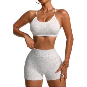 GORGLITTER Women's Leopard Workout Set 2 Piece Criss Cross Backless Sports Bra Biker Shorts Sets Gym Yoga Tracksuits White Medium in Kuwait