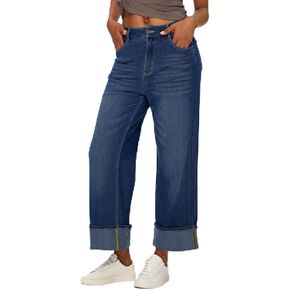 Fanica Womens High Waisted Wide Leg Jeans - Trendy Stretchy Cropped Straight Baggy Denim Pants with Cuffed Hem in Saudi Arabia