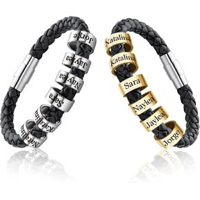 Mens Leather Bracelets with 1-6 Engraved Beads&Name Custom ID Name Braid Bracelet for Men Husband Father Dad Grandpa in Saudi Arabia