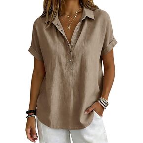 Women's Gauze Cotton Shirts Button Down Short Sleeve V Neck Blouses Dressy Tops Plus Size Boho Casual Summer Outfits in Saudi Arabia
