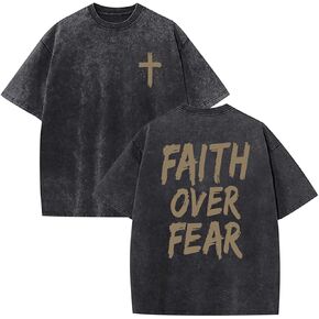 Faith Over Fear Shirt for Men Oversized Christian Tshirts Vintage Jesus Graphic Tee Acid Wash Inspiration Tops in Saudi Arabia