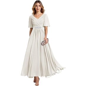 Long Chiffon Mother of The Bride Dresses for Women A Line Beaded V Neck Formal Evening Gown HX039 in Saudi Arabia