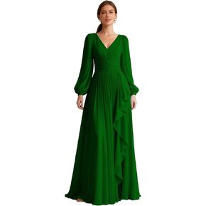 Long Sleeve Pleated Bridesmaid Dress Ruffle Chiffon V Neck A Line Formal Evening Dress with Pockets in Saudi Arabia