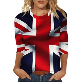 بلوزات الربيع للنساء البلوزات خمر علم المملكة المتحدة طباعة 3/4 كم تي شيرت مريح Crewneck سترة علوية البريطانية الجرافيك تيز in Kuwait
