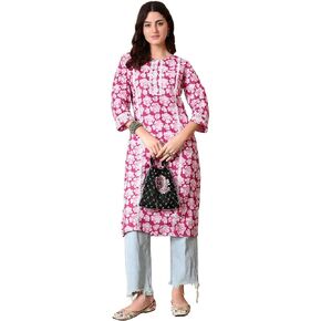 Women’s Pink Floral Printed Cotton Kurta | 3/4 Sleeve Straight Kurti for Casual & Ethnic Wear in Kuwait