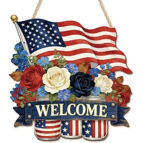 4th of July Welcome Sign - Independence Day Wooden Hanger Door Sign USA Patriotic American Flag Front Door Hanging Decoration Gift for Memorial Day Home Outdoor Porch Wall Decor 12 x 12 Inch in Saudi Arabia