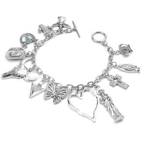 Western Cowgirl Bracelet for Women, Silver Cowboy Charm Bracelet with Virgin Mary, Angel, Hat, Heart, Bull's Head, Butterfly, Cross, Crown & Cactus Pendants, Boho Link Chain Cuff Bangle Jewelry Gifts in Saudi Arabia