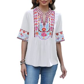 LauraKlein Mexican Embroidered Tops for Women Short Sleeve Boho Peasant Blouse V-Neck Floral Summer Hippie Clothes in Saudi Arabia